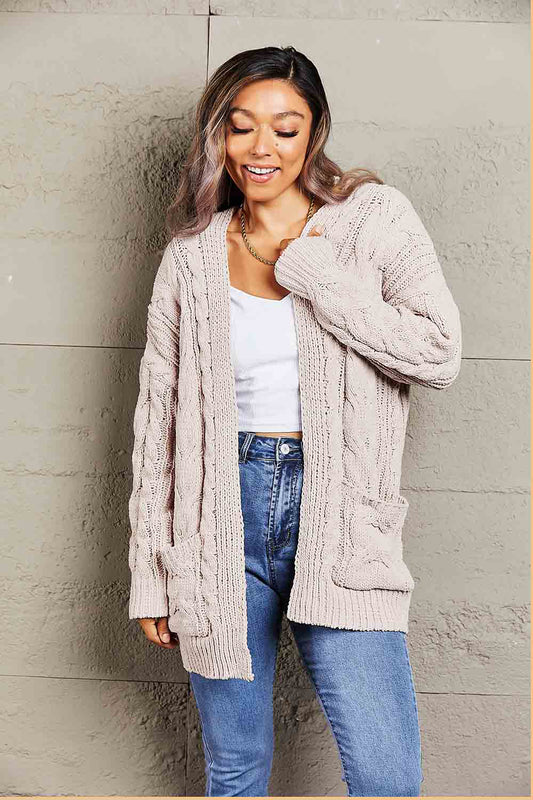 Woven Right Cable-Knit Open Front Cardigan with Front Pockets - Body By J'ne