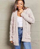 Woven Right Cable-Knit Open Front Cardigan with Front Pockets - Body By J'ne