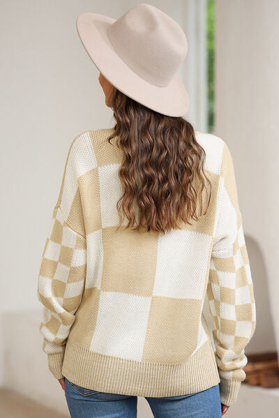 Plaid Round Neck Dropped Shoulder Sweater - Body By J'ne