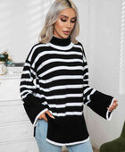 Striped Slit Turtleneck Drop Shoulder Sweater - Body By J'ne