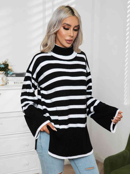 Striped Slit Turtleneck Drop Shoulder Sweater - Body By J'ne