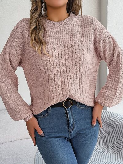 Cable-Knit Round Neck Long Sleeve Sweater - Body By J'ne