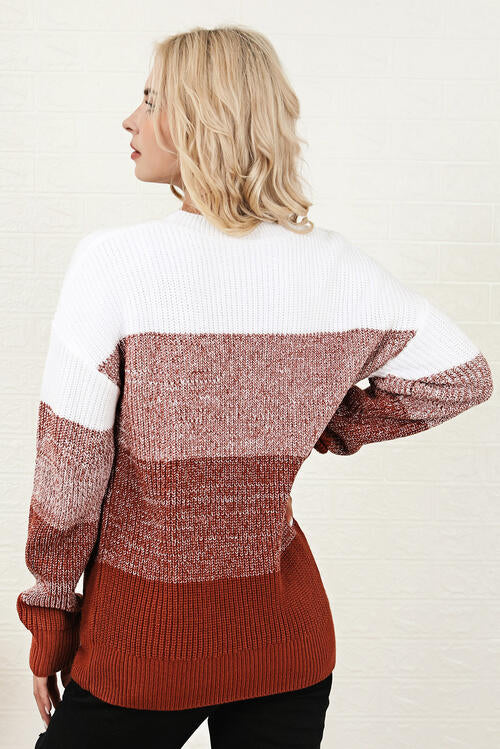 Color Block Round Neck Long Sleeve Sweater - Body By J'ne