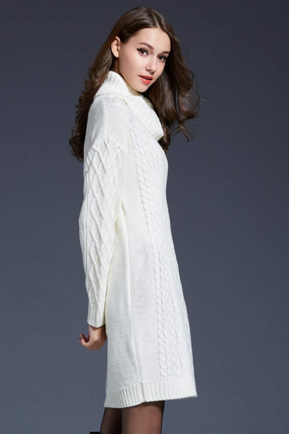 Mixed Knit Cowl Neck Dropped Shoulder Sweater Dress - Body By J'ne