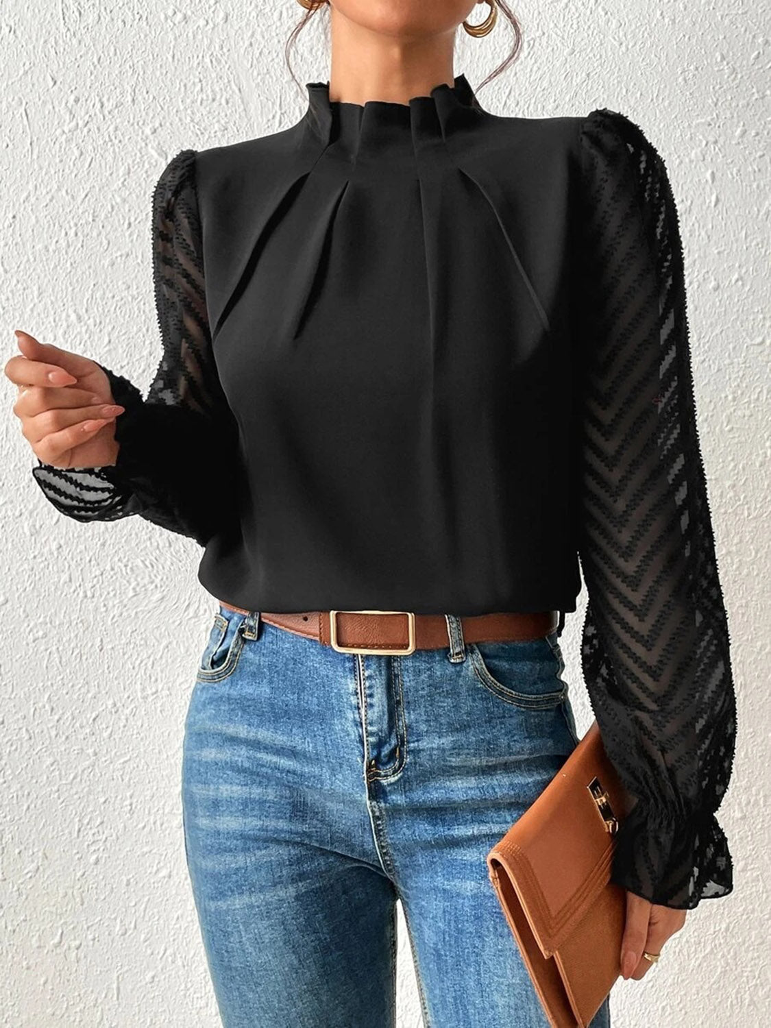 Mock Neck Flounce Sleeve Blouse - Body By J'ne