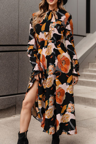 Printed Tie Neck Flounce Sleeve Dress - Body By J'ne