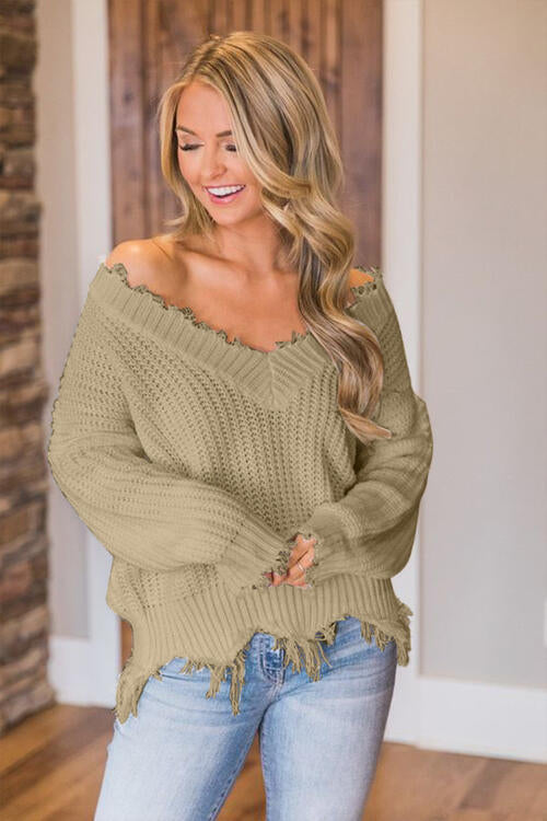 Frayed Hem Dropped Shoulder Sweater - Body By J'ne