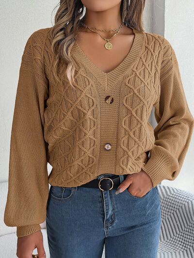 Cable-Knit V-Neck Lantern Sleeve Sweater - Body By J'ne