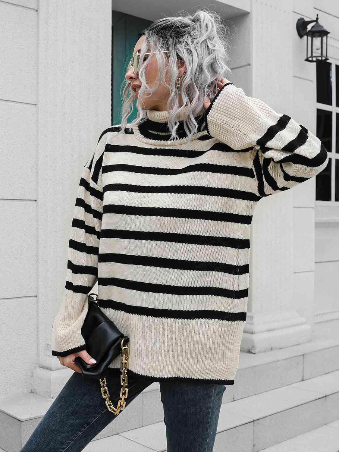 Striped Slit Turtleneck Drop Shoulder Sweater - Body By J'ne