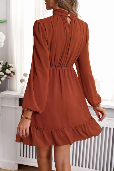 Frill Ruched Mock Neck Balloon Sleeve Dress - Body By J'ne