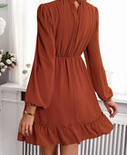 Frill Ruched Mock Neck Balloon Sleeve Dress - Body By J'ne