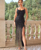 Backless Slit Sequin Spaghetti Strap Dress - Body By J'ne