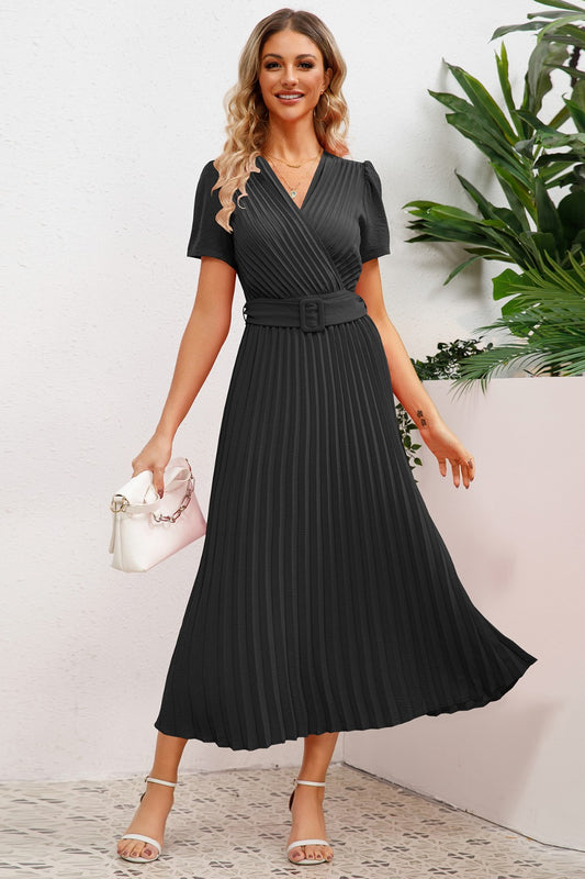 Pleated Surplice Short Sleeve Midi Dress - Body By J'ne