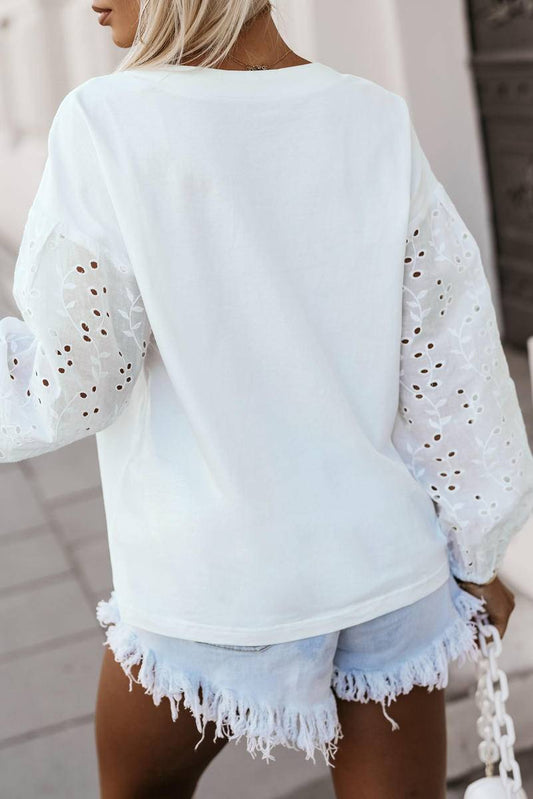 V-Neck Embroidered Splicing Long Sleeve Blouse - Body By J'ne