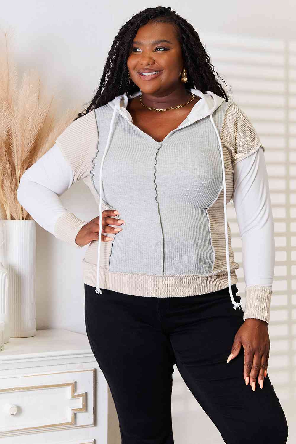 Color Block Exposed Seam Drawstring Hoodie - Body By J'ne