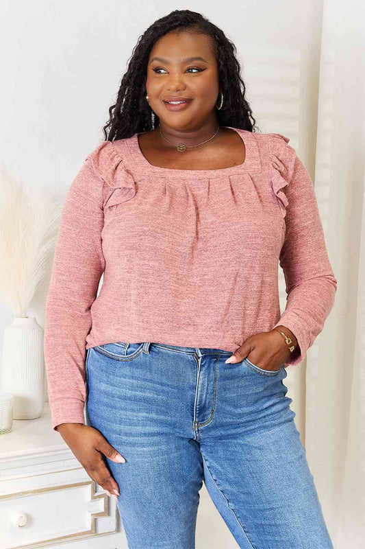 Square Neck Ruffle Shoulder Long Sleeve T-Shirt - Body By J'ne