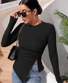 Ruched Round Neck Long Sleeve T-Shirt - Body By J'ne