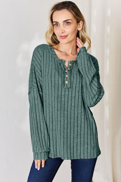 Full Size Ribbed Half Button Long Sleeve T-Shirt - Body By J'ne