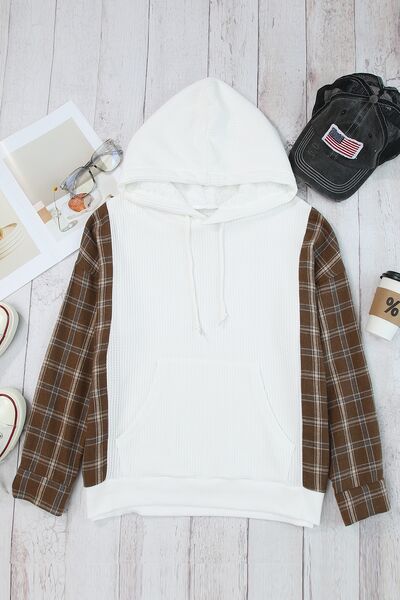 Plaid Waffle-Knit Drawstring Kangaroo Pocket Hoodie - Body By J'ne