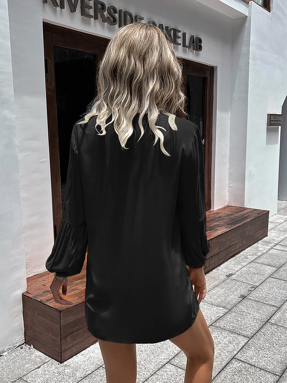 Notched Neck Balloon Sleeve Shirt - Body By J'ne