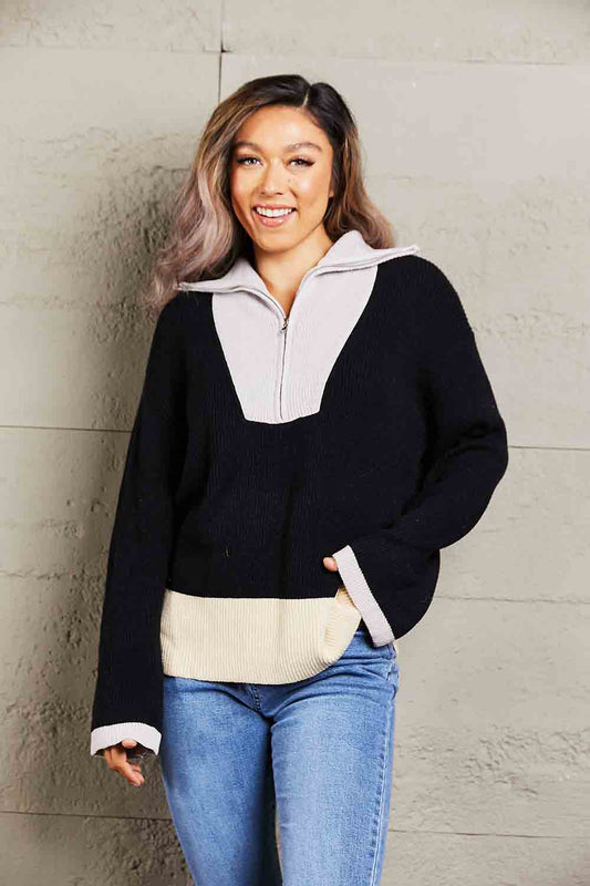 Color Block Half-Zip Dropped Shoulder Knit Pullover - Body By J'ne