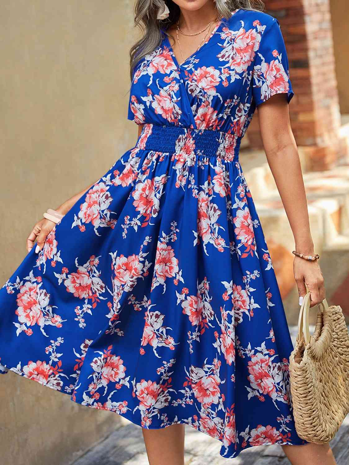 Elastic Waist V Neck Floral Print Midi Dress - Body By J'ne