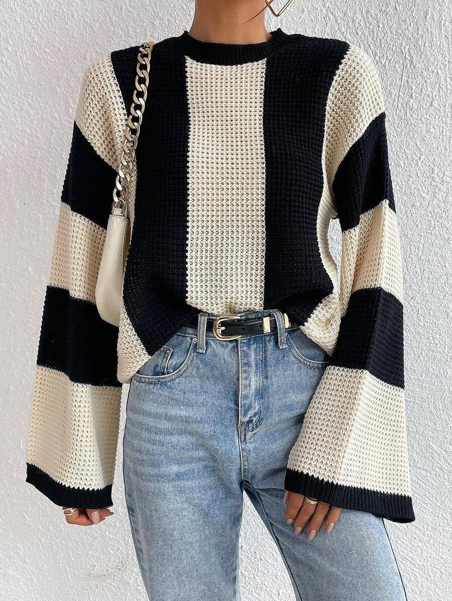 Crew Neck Waffle Drop Shoulder Knit Sweater - Body By J'ne