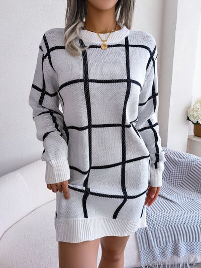 Plaid Round Neck Dropped Shoulder Sweater Dress - Body By J'ne