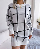 Plaid Round Neck Dropped Shoulder Sweater Dress - Body By J'ne