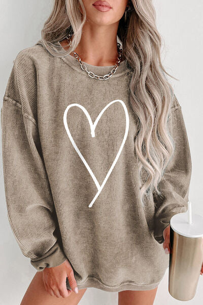 Heart Round Neck Dropped Shoulder Sweatshirt - Body By J'ne