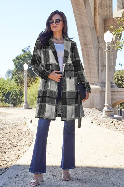 Full Size Plaid Button Up Lapel Collar Coat - Body By J'ne
