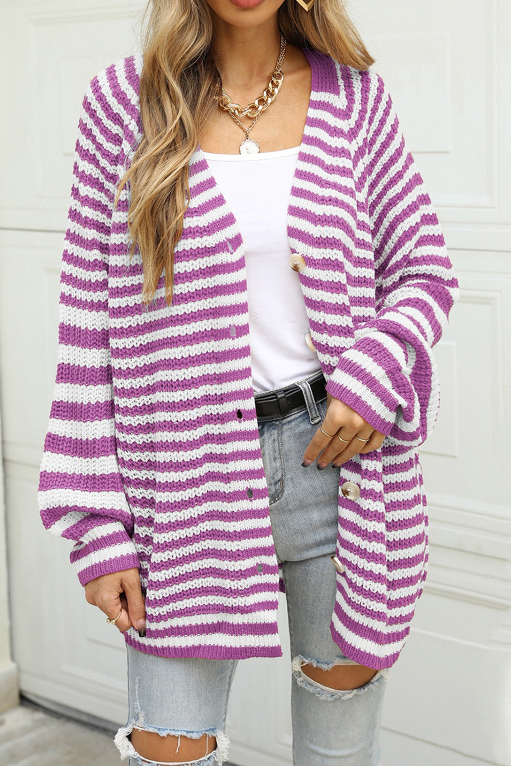 Striped Button Up Long Sleeve Cardigan - Body By J'ne