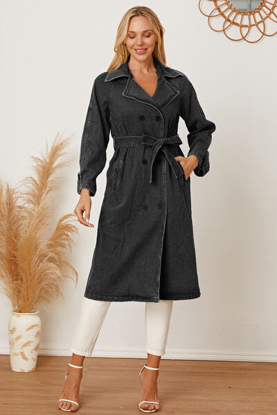 Double-Breasted Belted Longline Denim Jacket - Body By J'ne