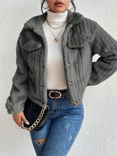 Fuzzy Button Up Collared Neck Jacket - Body By J'ne