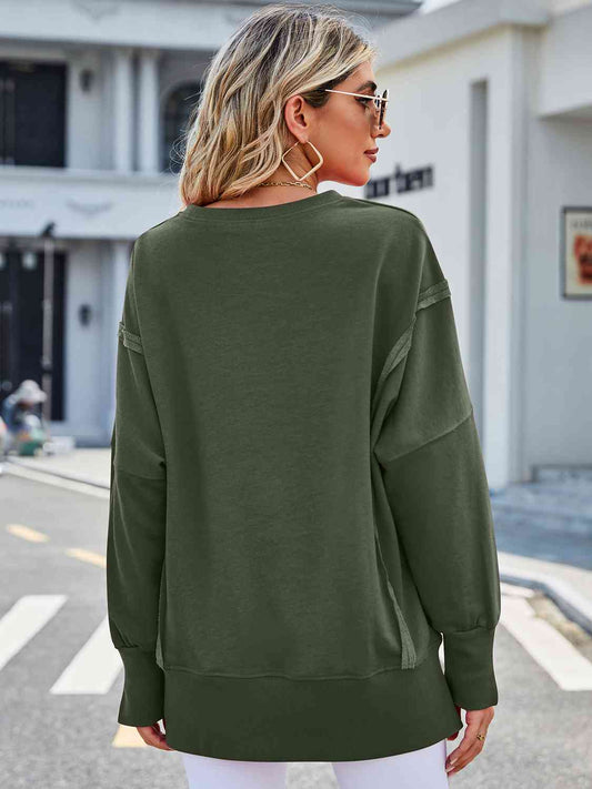 Exposed Seam High-Low Round Neck Sweatshirt - Body By J'ne