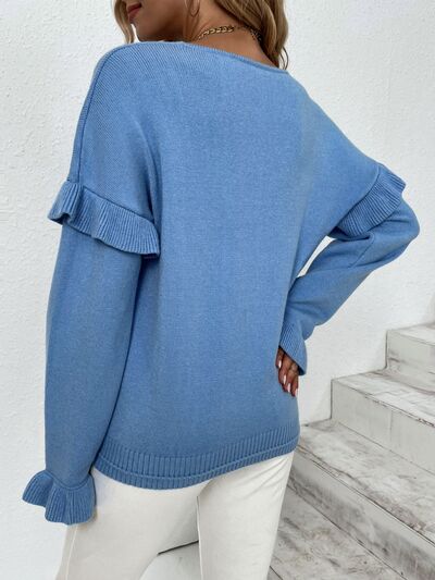 Ruffled V-Neck Dropped Shoulder Sweater - Body By J'ne