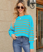 Round Neck Striped Lantern Sleeve Sweater - Body By J'ne