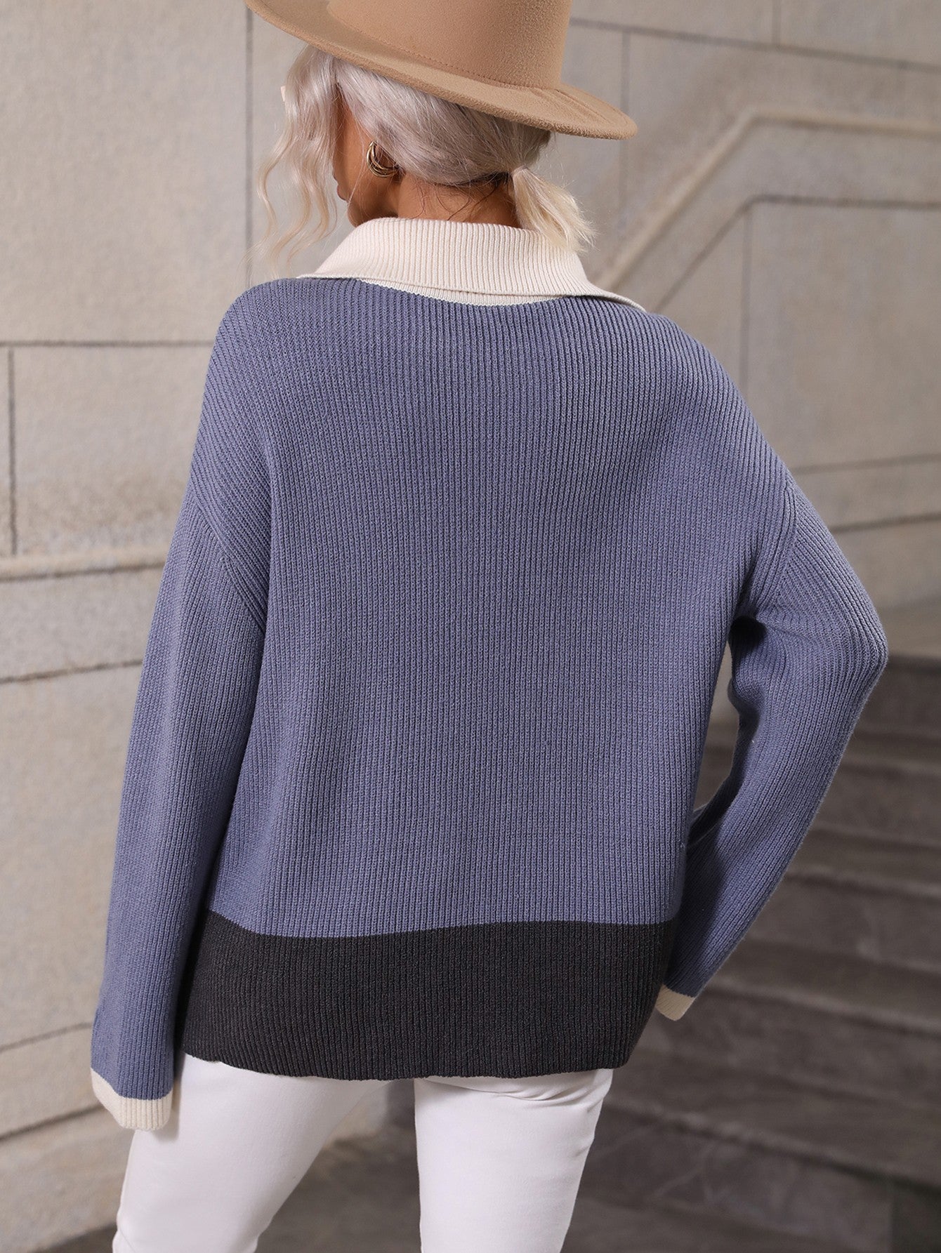 Color Block Half-Zip Dropped Shoulder Knit Pullover - Body By J'ne