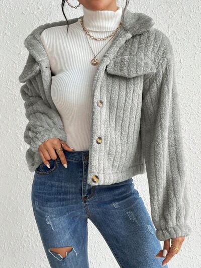 Fuzzy Button Up Collared Neck Jacket - Body By J'ne