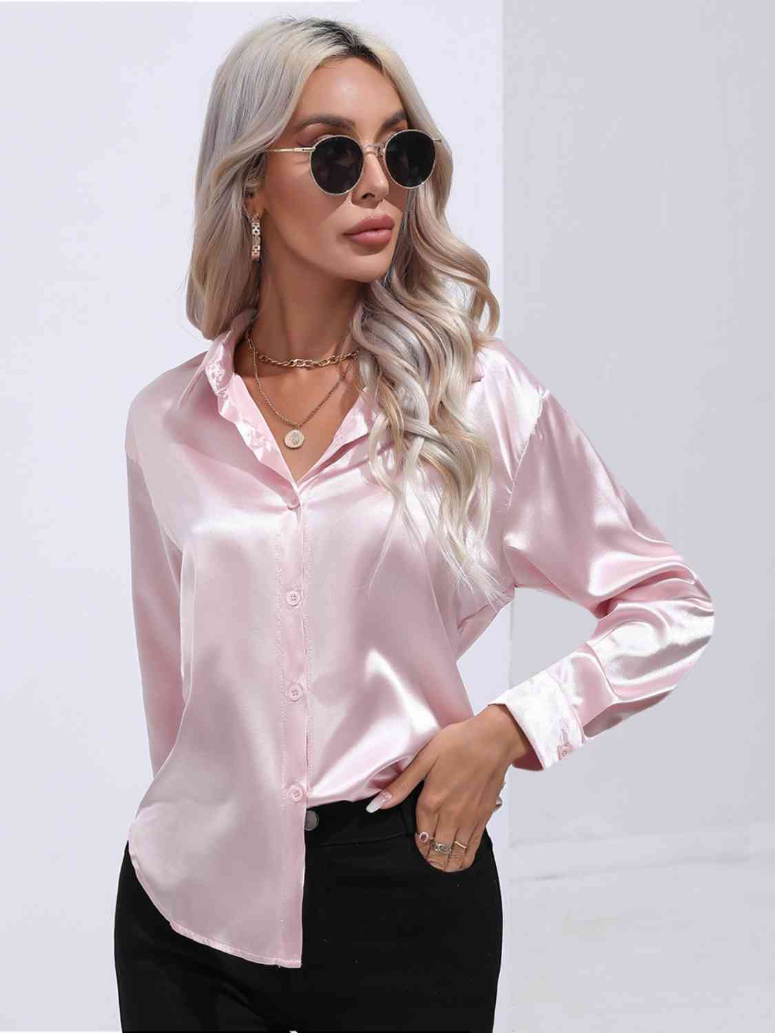 Collared Neck Buttoned Long Sleeve Shirt - Body By J'ne