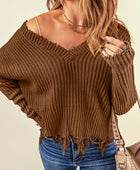 Fringe V-Neck Dropped Shoulder Sweater - Body By J'ne