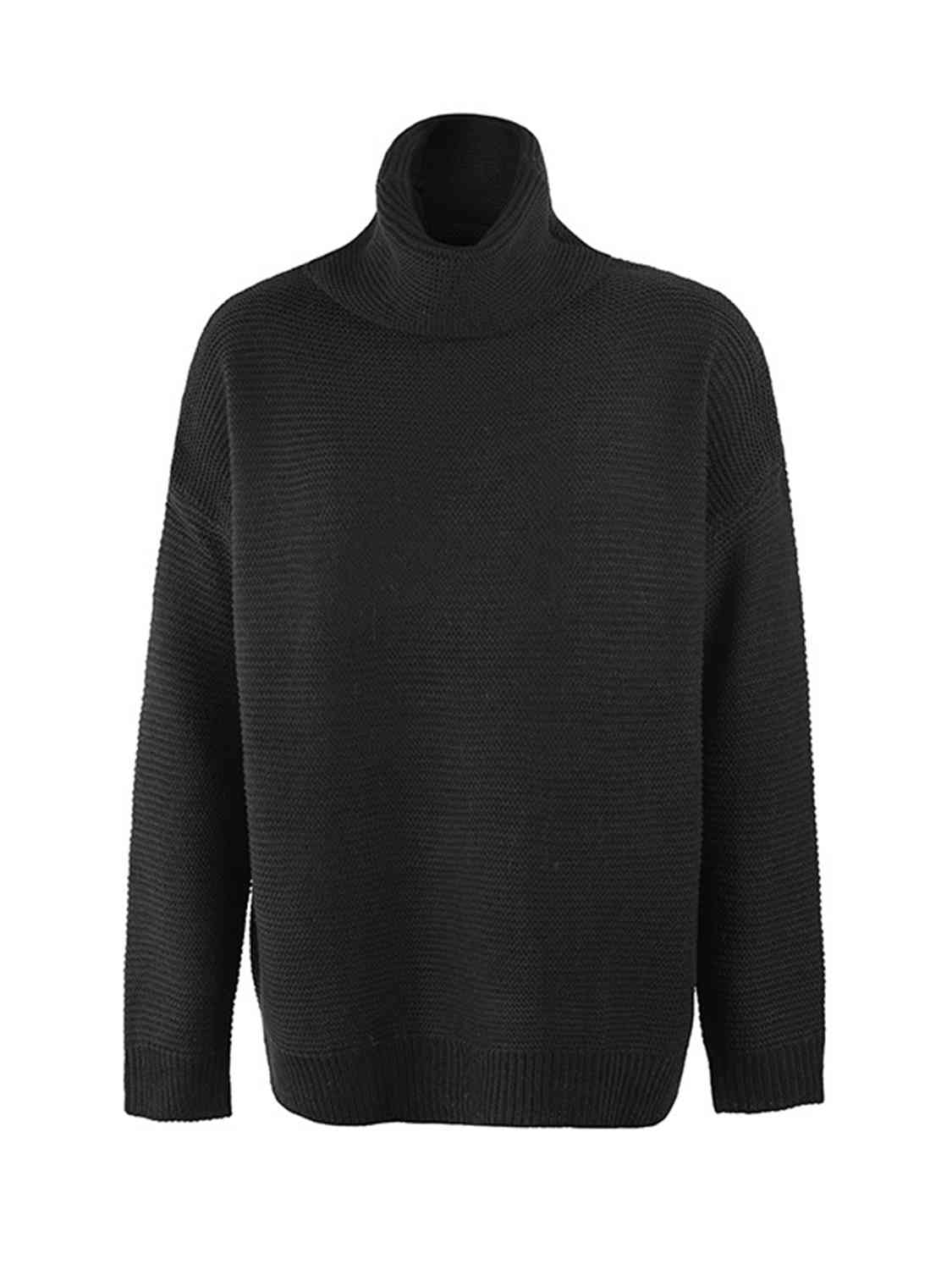 Turtleneck Dropped Shoulder Slit Sweater - Body By J'ne