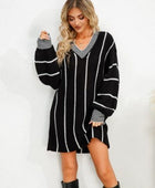 Striped V-Neck Long Sleeve Mini Dress - Body By J'ne