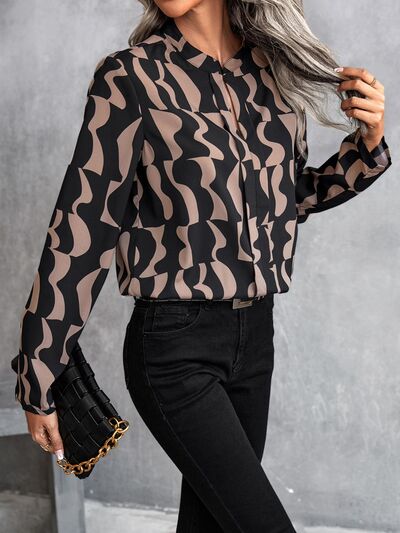Printed Notched Long Sleeve Blouse - Body By J'ne