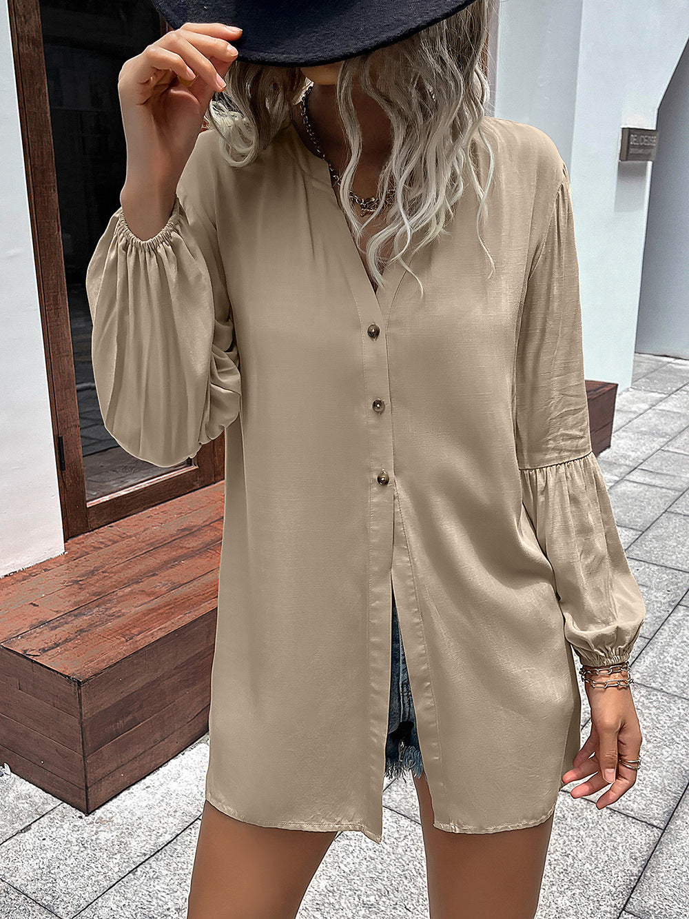 Notched Neck Balloon Sleeve Shirt - Body By J'ne