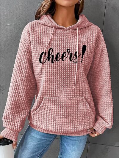 Full Size CHEERS Waffle-Knit Drawstring Hoodie - Body By J'ne