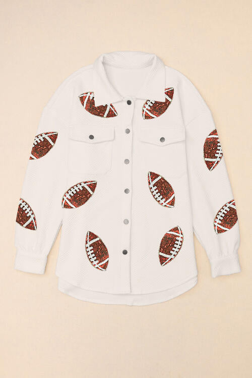 Sequin Football Patch Collared Neck Snap Button Jacket - Body By J'ne