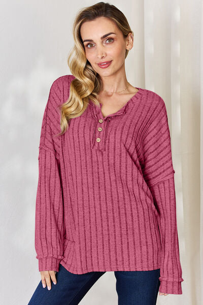 Full Size Ribbed Half Button Long Sleeve T-Shirt - Body By J'ne