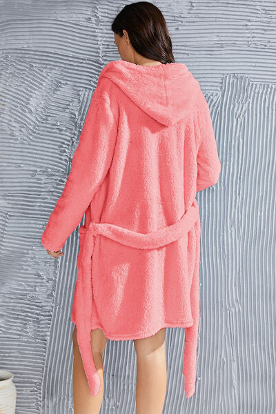Fuzzy Tied Pocketed Hooded Lounge Nightgown - Body By J'ne