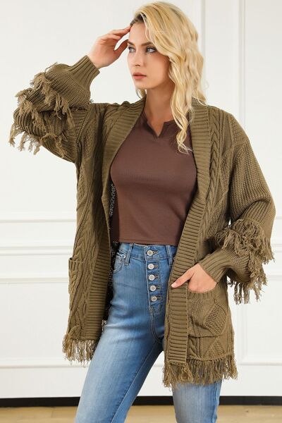 Cable-Knit Fringe Pocketed Cardigan - Body By J'ne